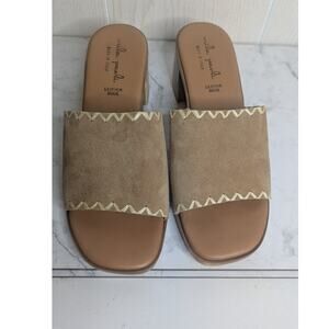 Mila Paoli tan italian leather raffia trim boho summer slide sandals size 8